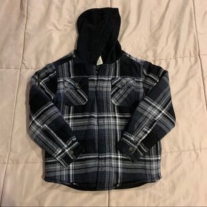 Black and Gray Fleece Plaid Jacket with Black Hood